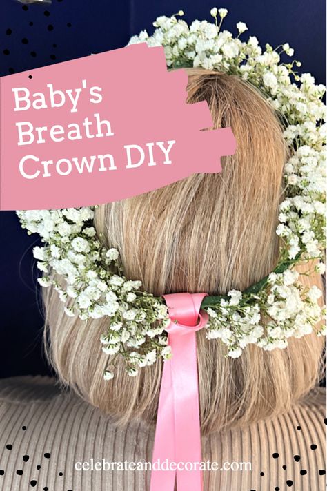 babys breath flower crown with text overlay baby's breath crown diy Babies Breath Floral Crown, Baby Breath Crown, Baby Shower Flower Crown, Baby’s Breath Flower Hair, Flower Crown For Flower Girl, Diy Flower Crown Fake Flowers, Flower Girl Flower Crown, How To Make Flower Crown, Flower Crowns Diy