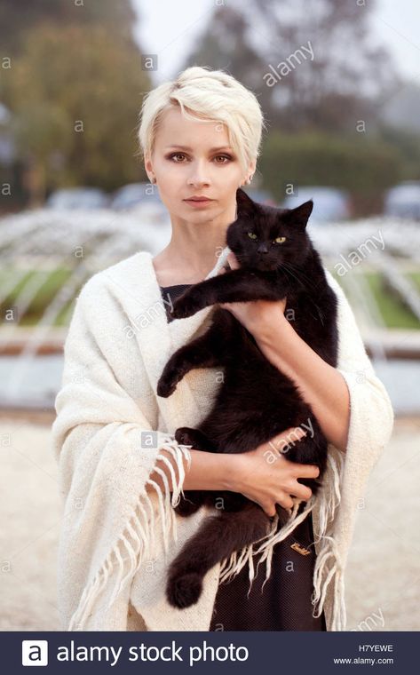 beautiful blonde woman with a black cat ... Benadryl For Cats, Cat Stock Photo, Animal Hugs, Cat Stock, Cat Stands, Blonde Woman, Human Reference, Cat Pose, A Black Cat