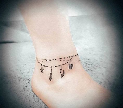 Ankle Bracelets Tattoos For Women, Charm Anklet Tattoo, Bracelet Tattoos For Women, Wrap Around Ankle Tattoos, Anklet Tattoos For Women, Simbols Tattoo, Charm Bracelet Tattoo, Charm Tattoo, Chain Tattoo