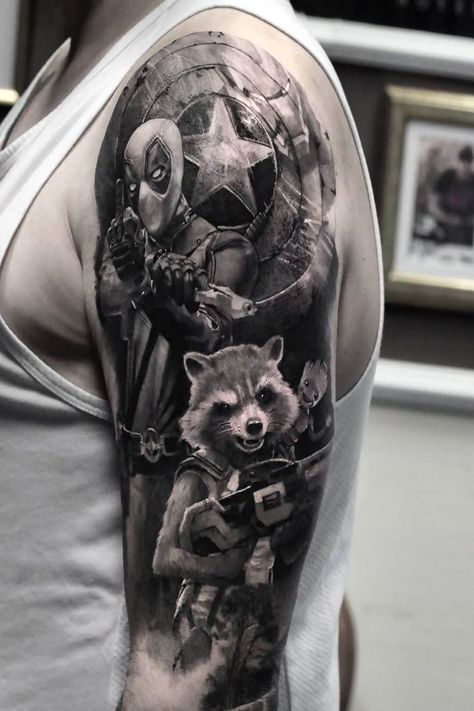 Marvel Tattoo Sleeve, Guardian Tattoo, Wolverine Tattoo, Groot Tattoo, Deadpool Tattoo, Dm Tattoo, Hero Tattoo, Rocket Tattoo, Soldier Tattoo