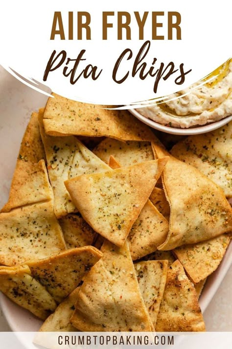 Air fried pita chips on a platter. Pita Air Fryer, Air Fryer Crisps, Peta Chips Recipes, Pita Chips Recipe Air Fryer, Air Fryer Pita Bread, Pita Chips Air Fryer, Air Fried Pita Bread, Pita Bread Pizza Recipe Air Fryer, Healthy Pita Chips