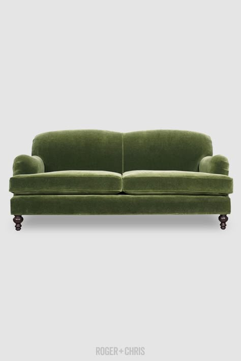 Tight-Back English Roll-Arm Sofas, Armchairs | Basel from Roger Chris Green Fabric Sofa, English Sofa, Velvet Sofa Living Room, Green Sofa Living Room, English Roll Arm Sofa, Trendy Sofas, Vintage Couch, Green Couch, Green Velvet Sofa