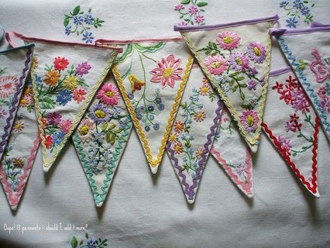 All Things Beautiful: {Banners and Buntings} Inspiration Hantverk Diy, Banners Buntings, Vintage Handkerchiefs, Linens And Lace, French Knot, Vintage Tablecloths, Vintage Cottage, Vintage Embroidery, Crazy Quilts