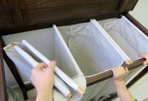 The Project Lady - DIY Tutorial for Making your own Laundry Sorting Hamper + Hanging Rod Laundry Sorting Ideas, Diy Laundry Bins, Laundry Hamper Diy, Wood Hamper, Hamper Diy, Refurbishing Furniture, Diy Laundry Basket, Laundry Sorting, Laundry Bin