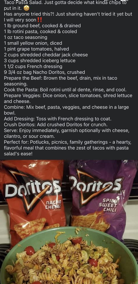 Doritos Salad, Taco Salad Doritos, Taco Pasta Salad, Taco Salads, Taco Pasta, Rotini Pasta, Potluck Dishes, Easy Taco, Taco Salad