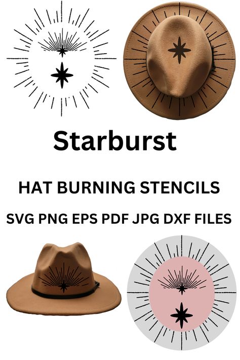 This is a digital design for cutting a stencil for burning felt hats. This design is a starburst around the brim of the hat, the top of the crown, and the front of the crown. Stencil For Hat Burning, Hat Burning Stencil, Cowboy Hat Design, Hat Burning, Stencil Svg, Western Crafts, Stencil Design, Brim Hats, Hat Design