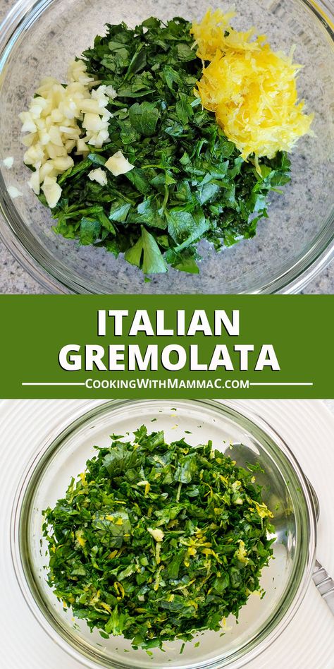 Italian Gremolata Recipe Gremalotta Recipe, Vinarterta Recipe, Italian Greens Recipe, Gremolata Sauce, Gremolata Recipe, Bbq Sauce Recipes, Roasted Cod, Fish Pasta, Italian Diet