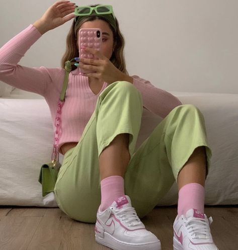 A Girl, A Woman, Sunglasses, Pants, Green, Pink, Trousers