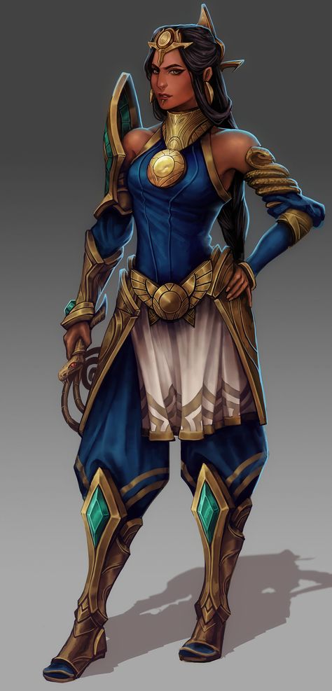 Character concept, an original champion for League of Legends!  Born in the small settlement of Mu’raat just south of Central Shurima, Nasira lived her life amidst the sand-drowned ruins of her people’s past. Though she grew up told to ignore the remnants of the old ways, she constantly marveled at the mystery and intrigue of the forgotten glory of the Shuriman empire. When she grew older, she ran away from home to make her own way, and eventually found herself under the command of the warlo... Rdr2 Oc, Egyptian Character, Red Desert, Fantasy Warrior, Fantasy Rpg, Fantasy Inspiration, Character Creation, Dnd Characters, Character Portraits