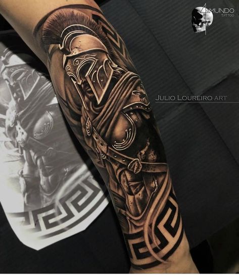 Ares Forearm Tattoo, Spartan Full Sleeve Tattoo, Gladiator Forearm Tattoo Men, Gladiator Tattoos For Men, Roman Quotes Tattoos, Spartan Tattoo Leg, Roman Empire Tattoo Sleeve, Greek Mythology Half Sleeve, 300 Tattoo Spartan