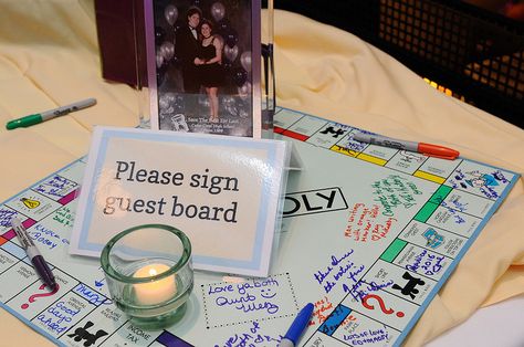 Monopoly game guestbook - "Please sign our guest board" HA! Retro Bowling Alley, Monopoly Theme, Board Game Wedding, Monopoly Party, Board Game Themes, Gamer Wedding, Board Game Party, Reception Games, Wedding Games For Guests