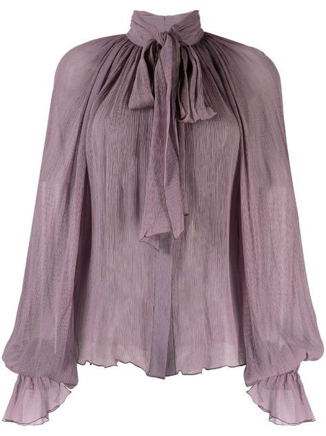 Frilly Blouse Ruffles, Elegant Blouses For Women Classy, Nymphaea Lotus, Fashion Week Dresses, Blouse Purple, Couture Outfits, Bow Collar, Purple Blouse, Elegant Blouses