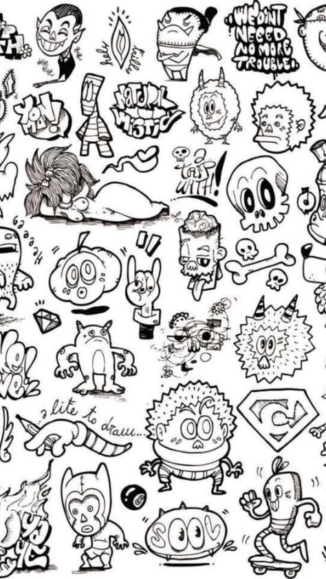 Graffiti Fill In Ideas, Graffiti Doodles Drawing, Small Graffiti Art, Graffiti Art Drawing Characters, Small Cartoon Drawings, Small Graffiti, Halloween Graffiti, Flash Art Tattoos, Black Doodles