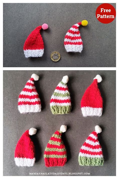 Mini Santa Hat & Elf Hat Free Knitting Pattern Miniture Christmas Hat Knitting Pattern, Knit Mini Santa Hat, Knitted Christmas Ornament Patterns, Knitted Mini Christmas Hats, Free Knitting Patterns Christmas Decorations, Christmas Gnome Knitting Patterns Free, Knitted Grinch Pattern Free, Santa Hat Ornaments Diy Christmas, Hat Ornaments Made With Yarn