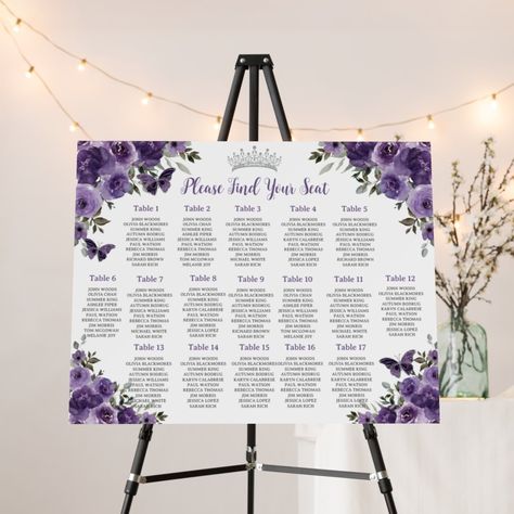 Dark Purple Floral Butterfly Quinceañera Seating  Foam Board Sweet 16 Butterfly Theme Decorations, Dark Purple Quinceanera, Dark Purple Quinceanera Theme, Landscape Seating, Purple Quinceanera Theme, Purple Quinceanera, Purple Sweet 16, Quinceanera Theme, Seating Chart Sign