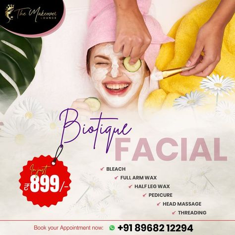 💅🏻💃🏻With #Biotique Facial, Say No To Dull Skin. Get a #Refreshed, #Youthful, and #Glowing Skin with our beauty salon services like Bleach, Full Arm Wax, Half Leg Wax, Pedicure, Head Massage, and Threading at Just Rs 899/- 🤩🥳 🗓️ Book an appointment now: 📞 Contact us at: +91 89682-12294 #beauty #makeup #makeupartists #salon #facial #wax #bleach #manicure #pedicure #bodyservices #hairservices #haircut #hairstyle #professional #beauticians #makeover #skilledteam Hairstyle Professional, Beauty Salon Services, Head Massage, Salon Services, Haircut Hairstyle, Manicure Pedicure, Dull Skin, Threading, Beauty Salon