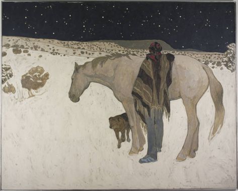 Susan Lautmann Hertel - Horses Middle panel of a triptych, a person leans on a horse in a desert landscape at night. A dog stands near the horse's feet. Dog Landscape Painting, Horse Riding Painting, Horse Oc, Folk Art Horse, Landscape At Night, Claremont Colleges, Herd Of Horses, Desert Horse, Horse Standing