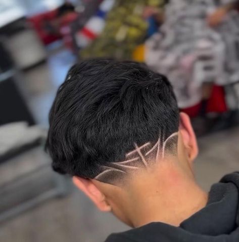 Design On Hair For Men, Mens Haircut Designs Taper Fade, Haircut Designs For Men Back Taper, Boy Design Haircut, Low Fade Design Haircut, Back Hair Designs Men, Low Taper Back Design, Haircut Designs For Men Back Of Head, Cross Hair Design