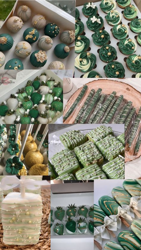 Emerald Theme Birthday Party, Forest Green And Gold Party Decor, Sweet 16 Party Ideas Themes Green, Green Themed Birthday Party Ideas, Emerald Green Deserts, Green White Gold Party Theme, Sweet 16 Princess And The Frog Theme Decorations, Hunter Green Sweet 16, Sage Green Tea Party