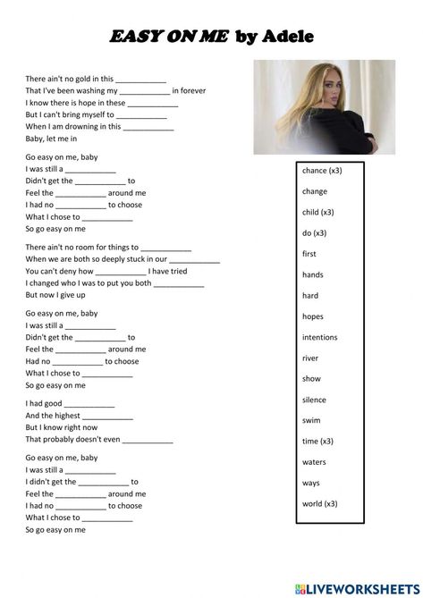 Go Easy On Me Adele Lyrics, Song Lyrics Worksheet, Easy On Me Adele Lyrics, Easy On Me Adele, Complete The Lyrics, Listening Song, Song Worksheet, Adele Lyrics, English Grammar Exercises