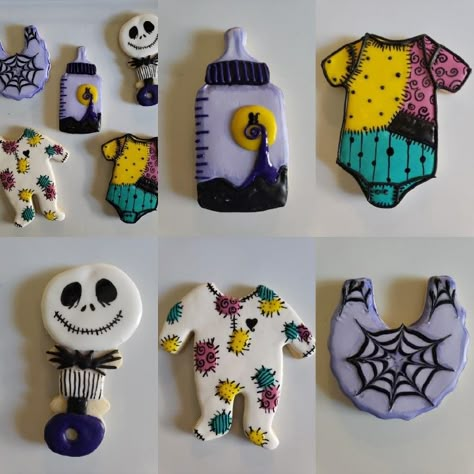 Jack Skellington Gender Reveal, Tim Burton Baby Shower Ideas, Baby Shower Nightmare Before Christmas, Nightmare Before Christmas Cookies, Piped Cookies, Halloween Shower Ideas, Christmas Baby Reveal, Daisy Baby Shower, Gothic Baby