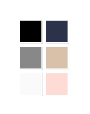 The color palette I use for my personal updated wardrobe.  Core colors: black, gray, white and tan; accent colors: navy and blush/light pink. Black Wardrobe Bedroom Color Schemes, Tan Pink Black Color Scheme, Black White Navy Color Palette, Navy Pink Color Palette, White Pink Color Palette, Basic Color Palette, Black And White Color Palette, Bedroom Palette, Apartment Color Schemes