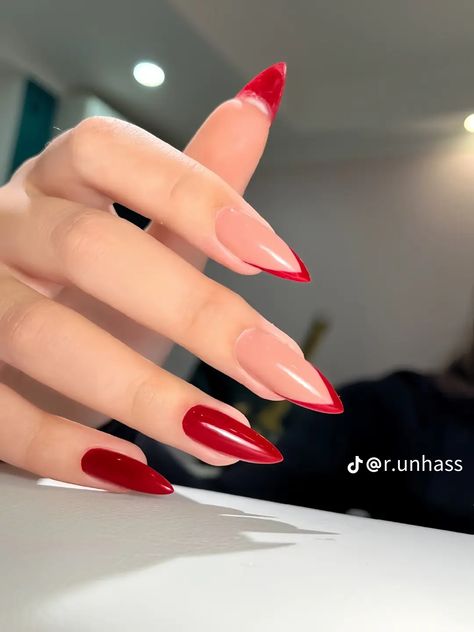 Red Nails December, Red Pointed Nails, Blood Red Nails Design, Red Pointy Nails, French Stiletto Nails, Almond Stiletto, Pineapple Nails, Hot Nail Designs, Black Nails With Glitter