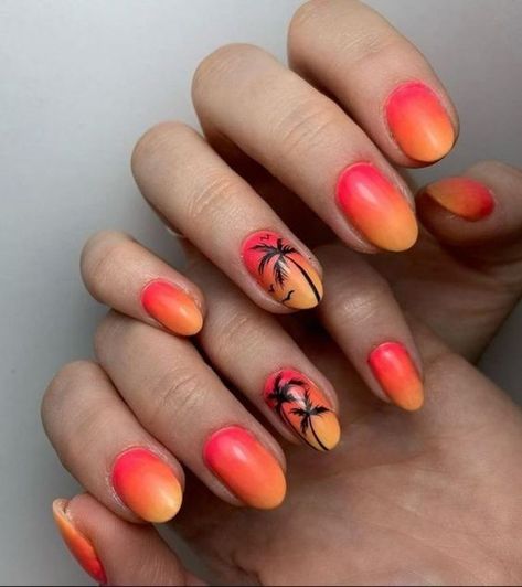 Coral Ombre Nails, Tropical Nail Art, Palm Nails, Cruise Nails, Bright Nail Designs, Palm Tree Nails, Coral Ombre, Sunset Nails, Fun Nail Colors