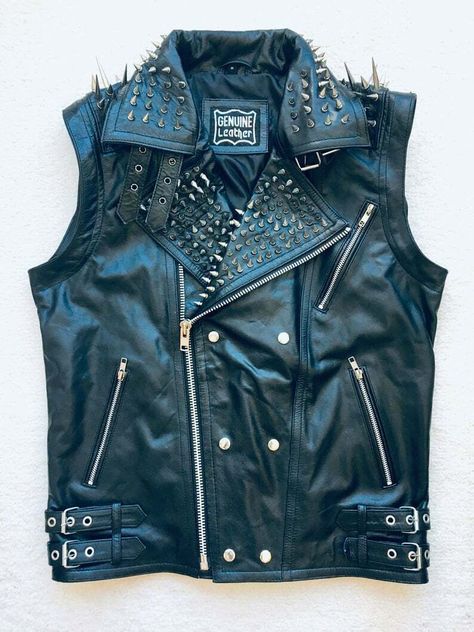 Studded Leather Vest, Men Trendy Fashion, Street Style Jacket, Jaket Motor, Steampunk Jacket, Punk Jacket, Leather Button Up, Studs And Spikes, Men's Leather Jackets