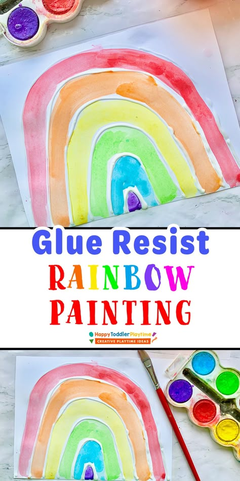 Easy Glue Resist Rainbow Painting - HAPPY TODDLER PLAYTIME Rainbow Art For Toddlers, Rainbow Art Preschool, Rainbow Painting For Kids, Rainbow Art For Kids, Rainbow Art Projects, Saint Patrick's Day Activities, March Craft, Preschool Rules, Holiday Art Projects