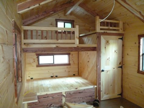 Storage Shed Bunk House, 10x20 Shed Plans Tiny House, Tiny Cabin Loft, Shed Cabin Interior, Shed Cabin Ideas, Shed To Cabin Conversion, Shed Homes Interior, Shed House Interior, Tiny Cabins Interiors