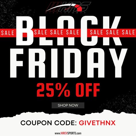 Black Friday Sale: Save up to 25% on all non sale items using the coupon code: GIVETHNX. Shop now at: www.hirevsports.com now Black Friday Sale Design, Black Friday Promo, Black Friday Design, Black Friday Offer, Black Friday Ads, Creative Ads, Instagram Post Template, Friday Sale, Black Friday Deals