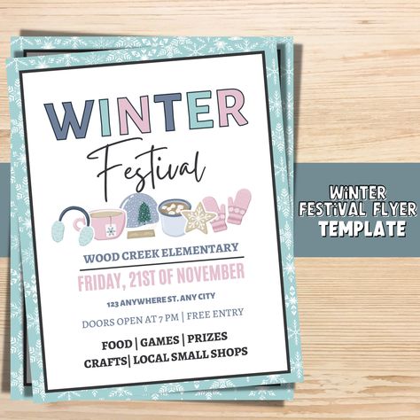 Get ready to host the most enchanting Winter Festival at your school with our versatile and easy-to-use "Editable Winter Festival School PTA Event Template." Whether you're a PTA member, teacher, or event organizer, this template will help you create stunning promotional materials that capture the magic of the season. Check out this flyer & more in our winter bundle: https://www.etsy.com/listing/1549397813/editable-pta-bundle-winter-spirit-week?click_key=1269300882c33e238b988f16a961d1770693d14e% Winter Festival School Ideas, School Event Flyer, Event Poster Template, Fundraiser Flyer, Event Organizer, Event Template, Promotional Materials, School Event, Winter Festival