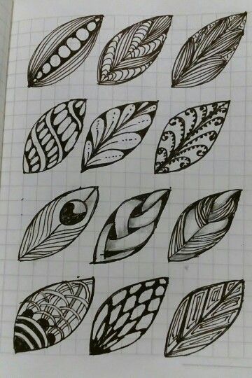 Tangle Art Patterns Simple, Drawing Leaves Easy, Zentangle Leaves Pattern, Flower Zentangle Art, Zen Tangle Leaves, Zentangle Patterns Artwork, Zentangle Leaf Patterns, Basic Patterns Drawing, Doodle Art Leaves