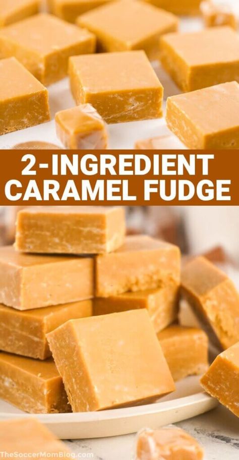 Our homemade caramel fudge recipe is so simple and delicious, you'll be making it again and again! Rich, creamy perfection in just two ingredients! Carmel Fudge, Fall Fudge, Caramel Fudge Recipe, Fudge Dessert, Comfort Food Desserts, Caramel Chocolate Chip Cookies, Decadent Food, Salted Caramel Fudge, Moonshine Recipes