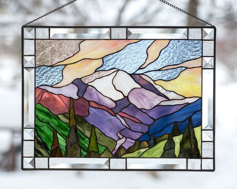 Modern stained glass window hangings Mount Rainier National | Etsy Stained Glass Landscape, Stained Glass Window Hangings, L'art Du Vitrail, Modern Stained Glass, Stained Glass Birds, Stained Glass Window Panel, Stained Glass Decor, Custom Stained Glass, Stained Glass Ornaments