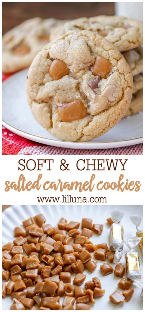 Salted Caramel Cookies Recipe, Caramel Cookies Recipes, Cookies Soft And Chewy, Chewy Caramel, Soft Cookie Recipe, Salted Caramel Cookies, Caramel Bits, Favorite Cookie Recipe, Soft Caramel