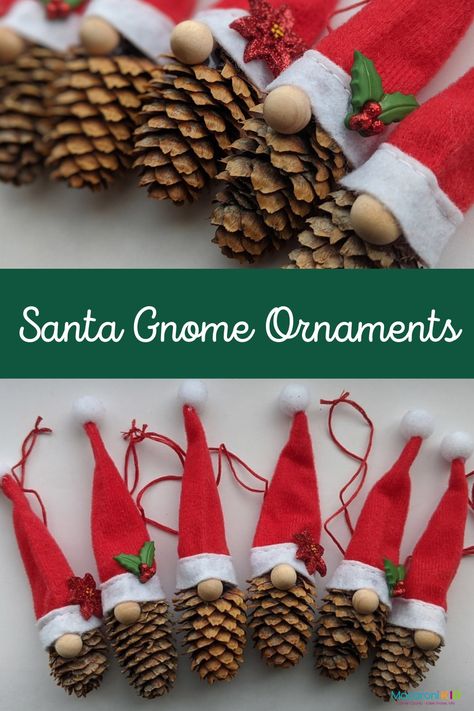 How To Make These Adorable Santa Gnome Ornaments These super cute ornaments are perfect for a class project or at-home fun Image Credit: Sarah Hauge Gnome Ornaments From Toilet Paper Rolls, Santa Gnome Ornaments, Homemade Gnomes With Tree Cone, Gnome Pinecone Ornament, Gnome Ornaments Made From Yarn, Diy Gnome Ornaments With Yarn, Gnome Ornaments, Egg Carton, Santa Ornaments