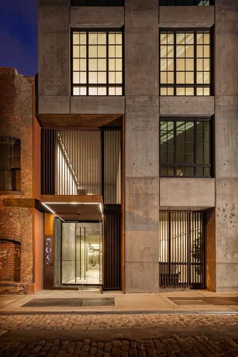 Five New York projects with industrial echoes by S9 Architecture: Your Next Employer? | News | Archinect Industrial Architecture Facade, Industrial Building Facade, Industrial Facade, New York Projects, Building Entrance, Industrial Architecture, Office Entrance, Casa Container, Entrance Design