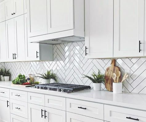 Kitchen Herringbone Backsplash, Herringbone Backsplash Kitchen, Kitchen Quartz Countertops, White Herringbone Backsplash, Kitchen Herringbone, Dark Grout, Backsplash Kitchen White Cabinets, Kitchen Quartz, Backsplash For White Cabinets