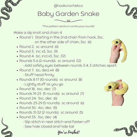 Carlina 🫶 | Say hello to my free baby garden snake pattern! 🐍 This little guy is no-sew and fits right in your hand!🥹 They are super quick to make… | Instagram Crochet Snake Tutorial, Easy Crochet Snake Pattern Free, How To Crochet A Snake, Snake Amigurumi Free Pattern, Crochet Snake Pattern Free, No Sew Amigurumi Free Pattern, Crocheted Snake, Snake Crochet Pattern, Crochet No Sew