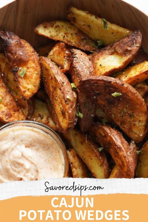 Cajun Potato Wedges are a crispy, spicy way to enjoy potatoes, cooked either in the air fryer or in the oven. They make a great snack or finger food appetizer. Potato Wedges Air Fryer, Spicy Potato Wedges, Cajun Potatoes, Potato Wedges Recipe, Homemade Cajun Seasoning, Cajun Spice, Cajun Dishes, Cajun Cooking, Side Dishes Recipes