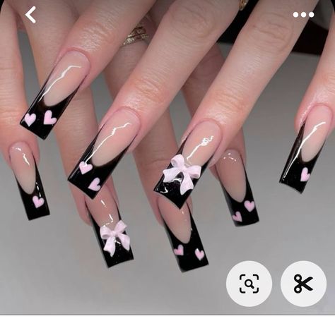 Bow Nail Designs, Girls Nail Designs, Black Acrylic Nails, Girly Acrylic Nails, Cute Acrylic Nail Designs, Unique Acrylic Nails, Long Square Acrylic Nails, Pink Acrylic Nails, Square Acrylic Nails