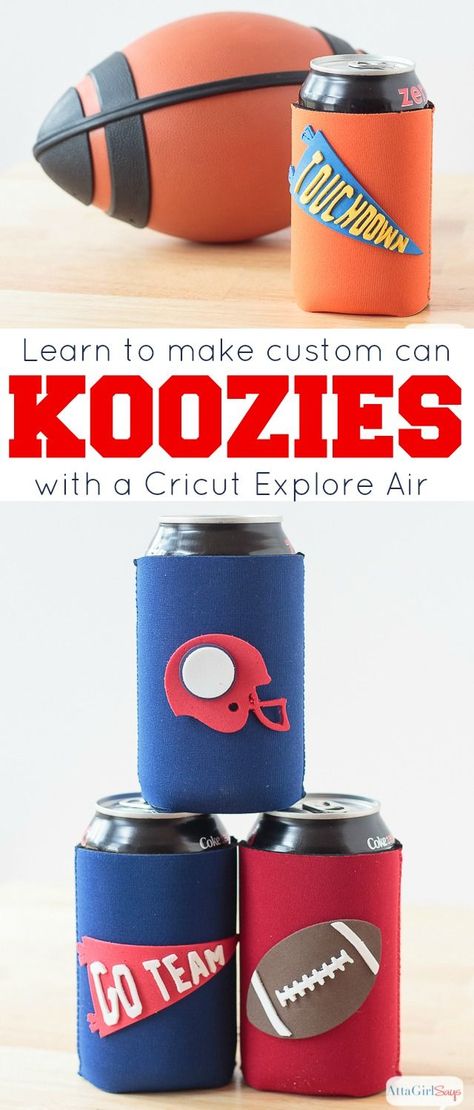 Did you know you can make your own custom can koozies using a Cricut Explore Air and craft foam? These DIY koozies can be easily personalized for your favorite team or players. They'd also be great for a wedding! #ad #CricutMade Diy Koozies, Koozies Diy, Foam Projects, Cricut Air 2, Craft Foam, Personalized Football, Cricut Explore Air, Personalized Clothes, Foam Crafts