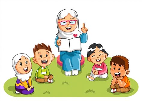 A teacher explains about a story to her ... | Premium Vector #Freepik #vector #teacher-kids #teacher-student #school-teacher #muslim-school Islamic Teacher Cartoon, Teacher With Students Cartoon, Muslimah Teacher Cartoon, Business And Advertising, Teacher Cartoon, Student Cartoon, School Cartoon, Teacher Clipart, School Murals