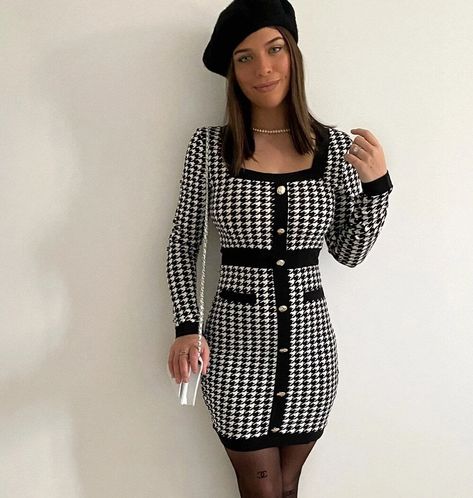 Button Front Houndstooth Bodycon Dress | SHEIN USA Houndstooth Dress Outfit, Cool Style Outfits, Xmas Aesthetic, Houndstooth Dress, Ootd Ideas, Brown Girl, Dress Outfit, Wardrobe Style, Classy Dress