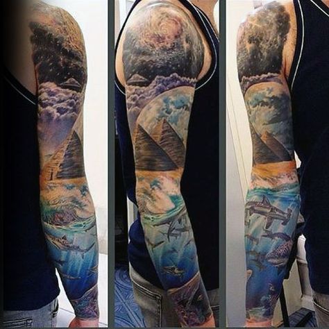 Outer Space To Ocean Depths Mens Unique Full Sleeve Tattoo Natur Tattoo Arm, Ocean Sleeve Tattoos, Ocean Sleeve, Colored Tattoo, Ocean Tattoo, Nature Tattoo Sleeve, Full Sleeves Design, Full Sleeve Tattoo Design, Creative Tattoo