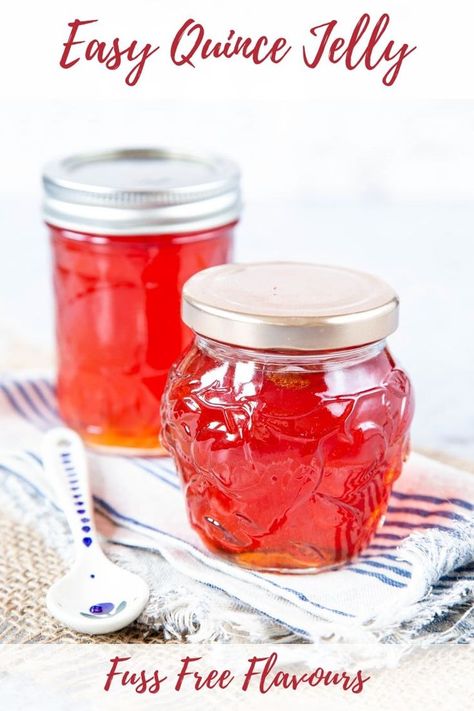 Quince jelly is a quintessential British preserve. Delicious flavours of roses and apple come together in a golden pink jelly. Perfect for spreading on toasted crumpets, it’s easy to make. This quince jelly recipe tells you everything you need to know to make perfectly set jelly every time. | How to make jelly| best jelly recipes| #preserving #quince Quince Jelly Recipe, Healthy Jelly Recipes, Quince Preserves, Fruit Paste Recipe, Quince Jam Recipe, Jelly Homemade, Healthy Jelly, Fall Canning, Quince Recipes