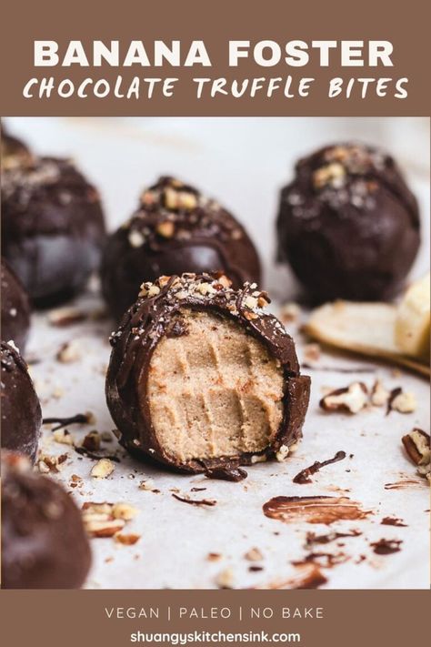 Banana Foster Energy Balls {No Alcohol } | Shuangy's Kitchensink Banana Bread Truffles, Energy Bite, No Bake Truffles, Banana Foster, Banana Health Benefits, Banana Brownies, Chocolate Covered Bananas, Banana Benefits, Raw Carrots