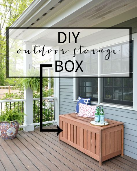 FREE plans for making a DIY outdoor storage box for outdoor cushions! Plus, it doubles as an outdoor bench seat and serving surface. Diy Bank, Outdoor Bench Seating, Diy Outdoor Storage, Outdoor Storage Bench, Storage Bench Seating, Cushion Storage, Woodworking Bench Plans, Outdoor Remodel, Patio Diy